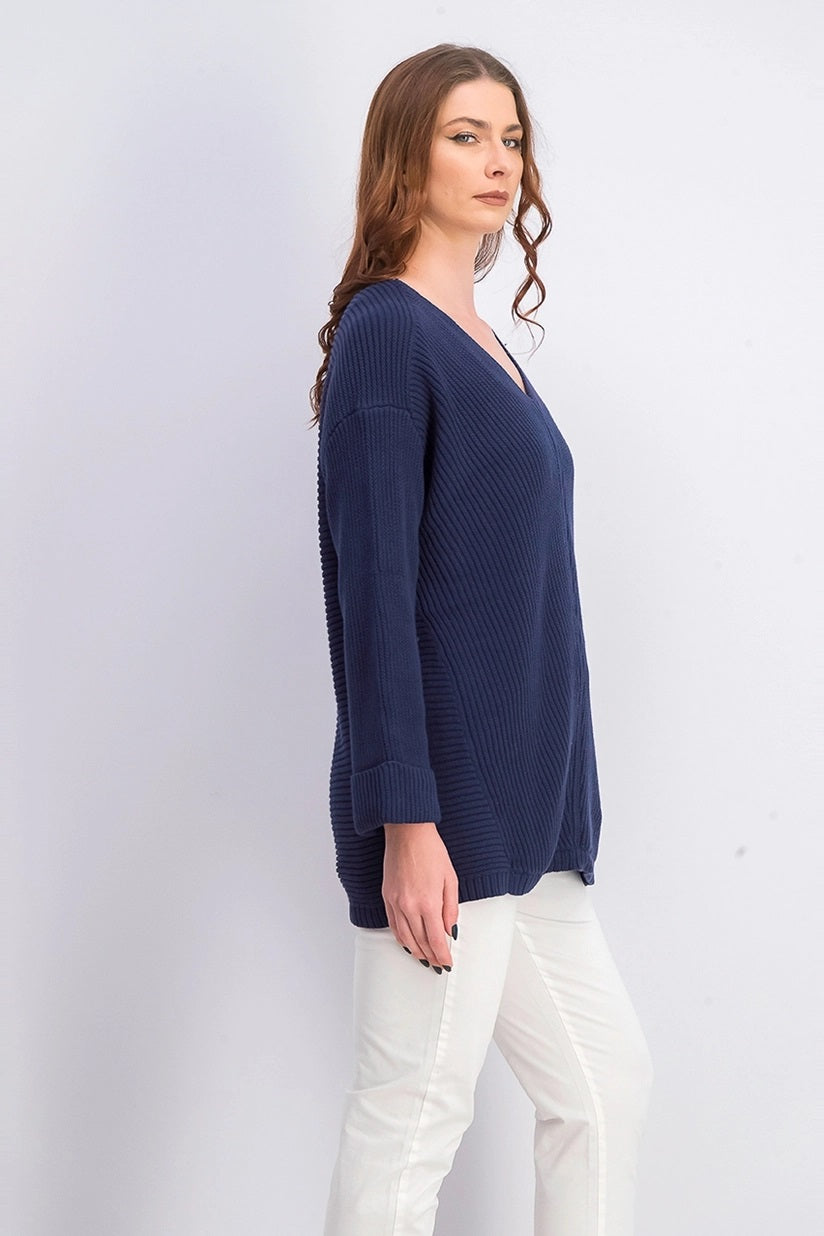 Charter Club Women's Cotton Textured V-Neck Sweater Blue Size Medium