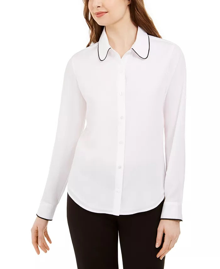 Calvin Klein Women's Long-Sleeve Collared Top White Size Small