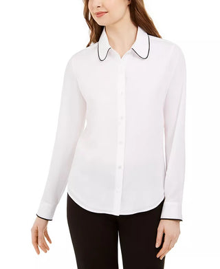 Calvin Klein Women's Long-Sleeve Collared Top White Size Small