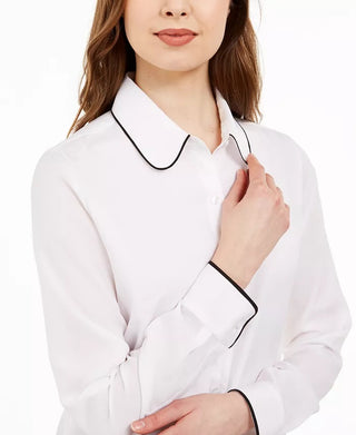 Calvin Klein Women's Long-Sleeve Collared Top White Size Small