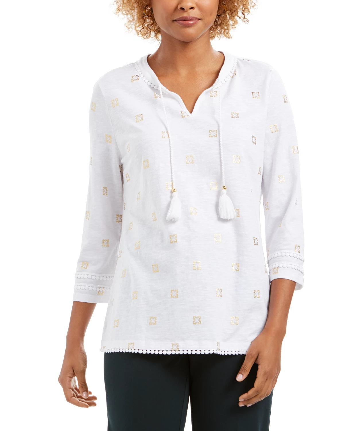 Charter Club Women's Tassel-Neck 3/4-Sleeve Top White Size X-Large
