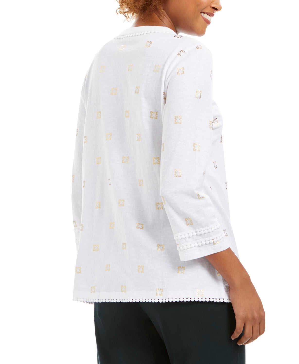 Charter Club Women's Tassel-Neck 3/4-Sleeve Top White Size X-Large