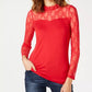 INC International Concepts Women's Petite Lace-Yolk Top Red Size PM