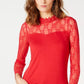 INC International Concepts Women's Petite Lace-Yolk Top Red Size PM