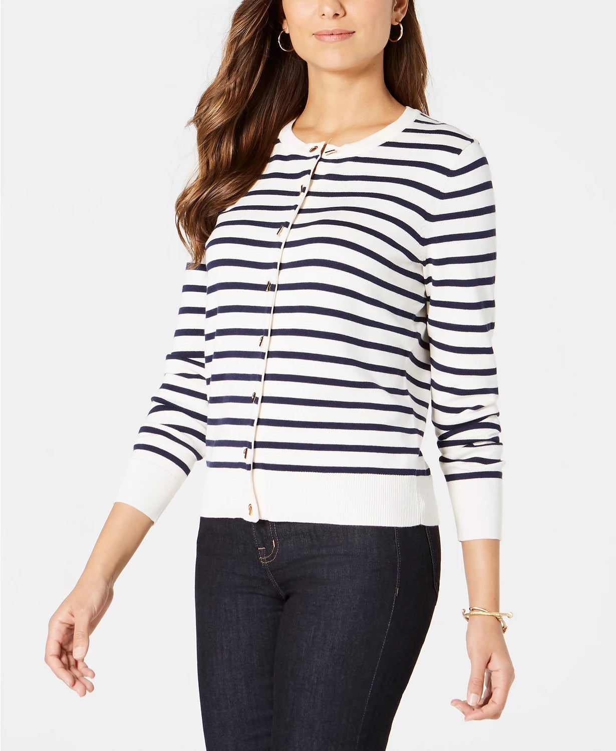 Charter Club Women's Petite Striped Toggle-Closure Cardigan White Size PM