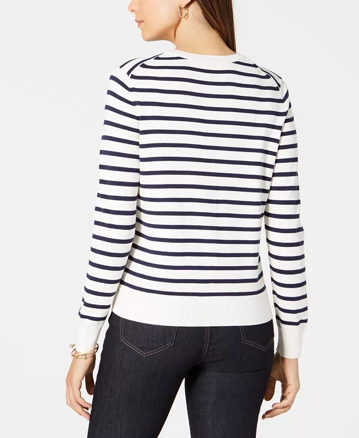 Charter Club Women's Petite Striped Toggle-Closure Cardigan White Size PM