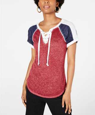 Crave Fame Juniors' Lace-Up Raglan T-Shirt Brown Size Small