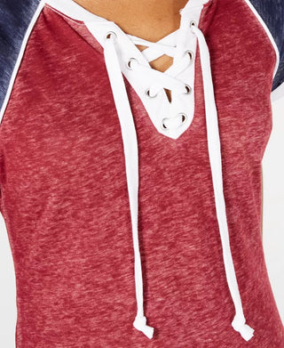 Crave Fame Juniors' Lace-Up Raglan T-Shirt Brown Size Small