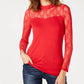 INC International Concepts Women's Petite Lace-Yolk Top Dark Red Size PXL