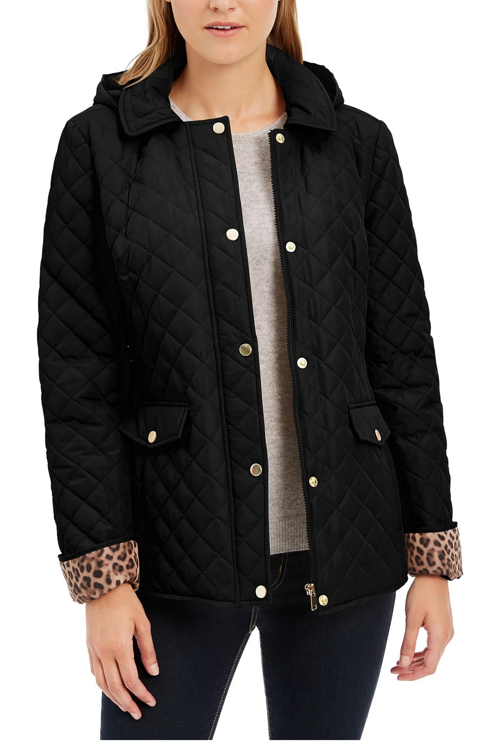 Charter Club Women's Quilted Leopard Print Trim Hooded Jacket Black Size Small
