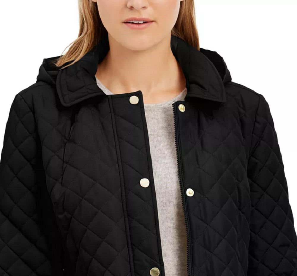 Charter Club Women's Quilted Leopard Print Trim Hooded Jacket Black Size Small