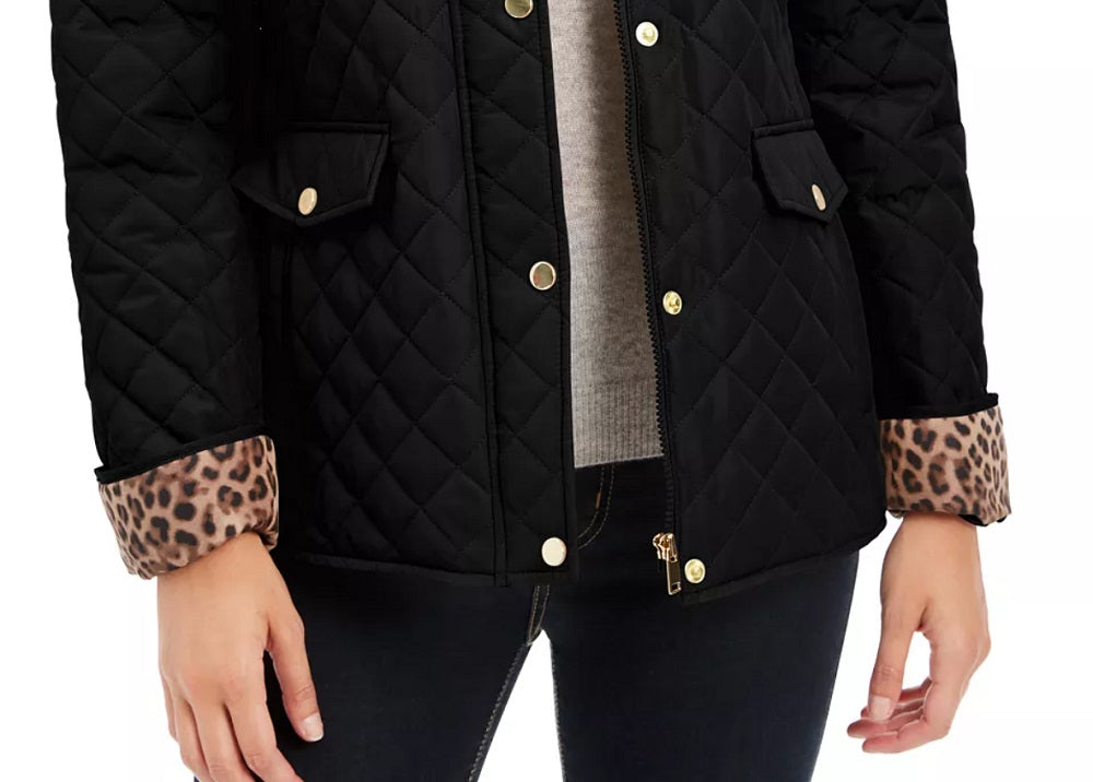 Charter Club Women's Quilted Leopard Print Trim Hooded Jacket Black Size Small