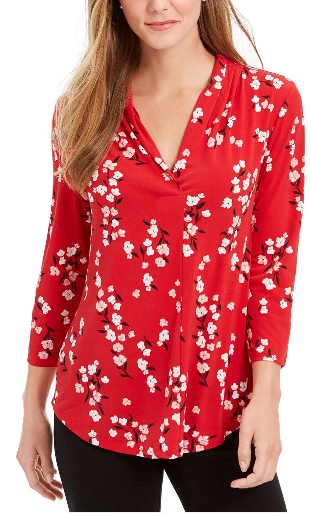 Charter Club Women's Floral Print V Neck Top Red Size Petite Small