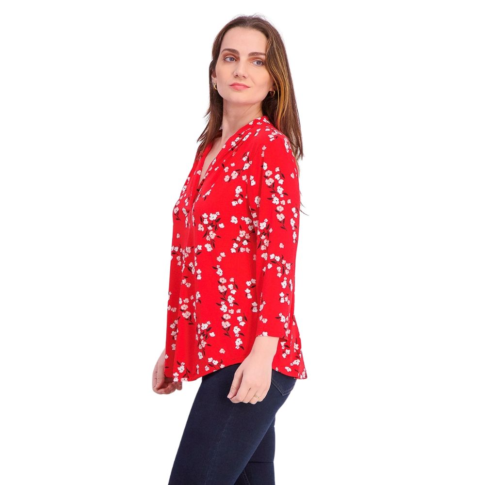 Charter Club Women's Floral Print V Neck Top Red Size Petite Small