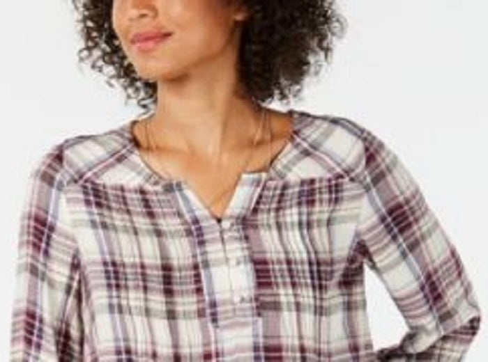 Style & Co Women's Plaid Pintucked Peasant Top Purple Size S