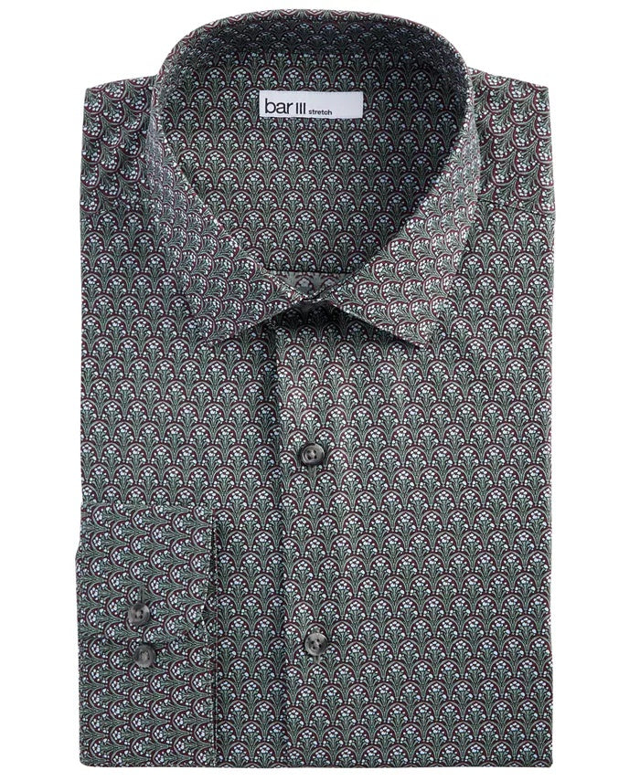 Bar III Men's Slim-Fit Stretch Art Deco Floral Dress Shirt Green Size S