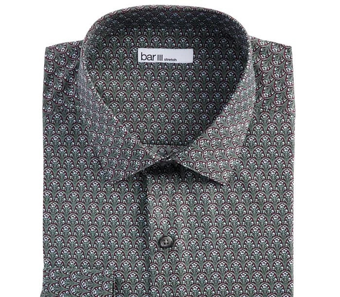Bar III Men's Slim-Fit Stretch Art Deco Floral Dress Shirt Green Size S