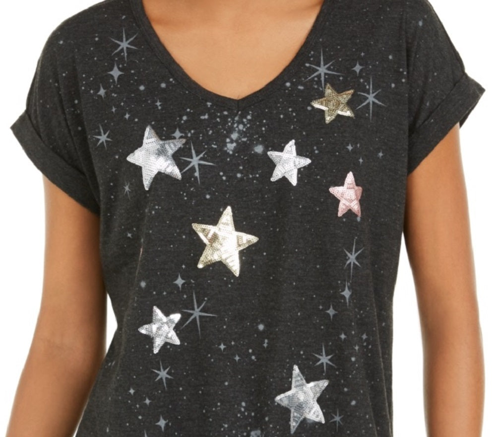 Style & Co Women's Sequined Star Graphic Top Black Size Pettite Small