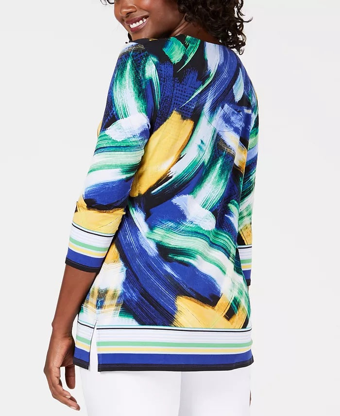 JM Collection Women's Petite Embellished Y-Neck Tunic Navy Size Petite