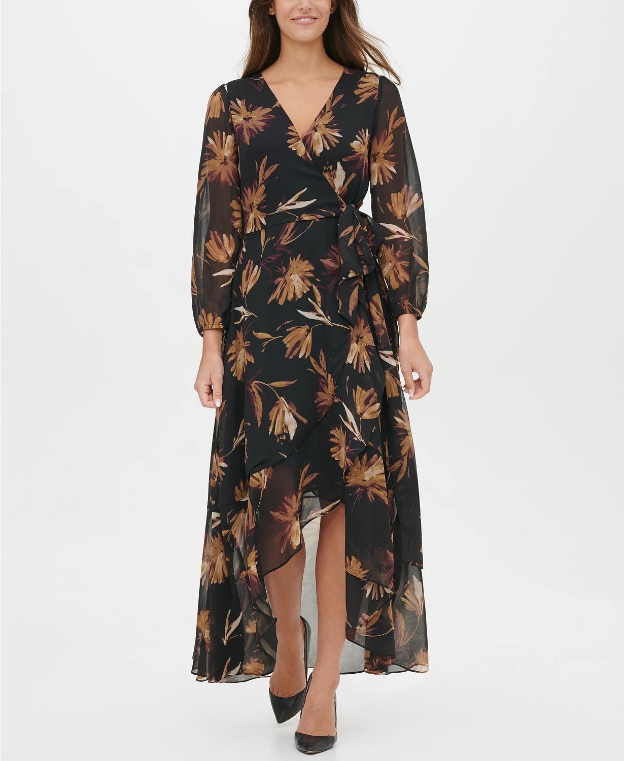 Tommy Hilfiger Women's Miranda Floral-Print Chiffon Wrap Maxi Dress Charcoal Size 10