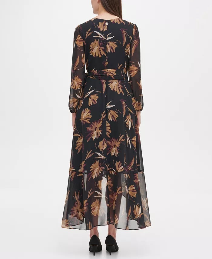 Tommy Hilfiger Women's Miranda Floral-Print Chiffon Wrap Maxi Dress Charcoal Size 10