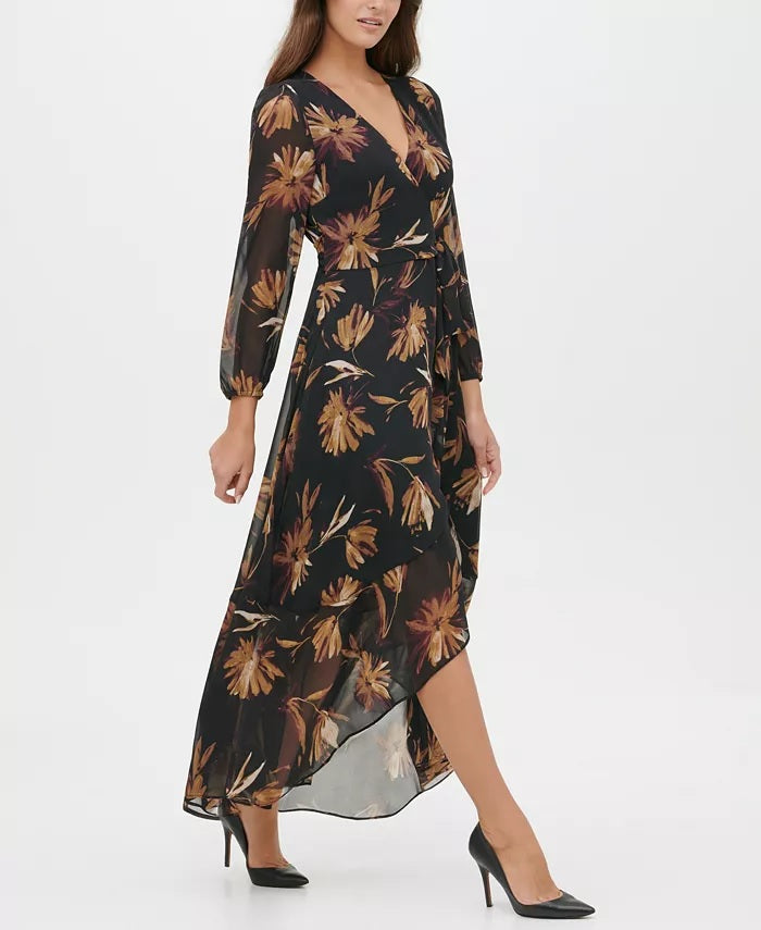 Tommy Hilfiger Women's Miranda Floral-Print Chiffon Wrap Maxi Dress Charcoal Size 10