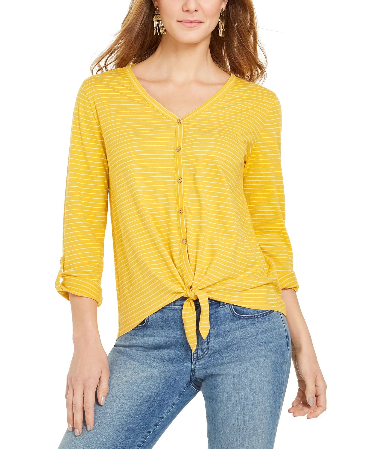 Style & Co Women's Striped Tie-Front Top Gold Size X-Large
