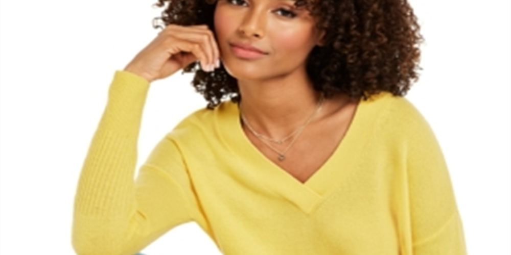 Charter Club Women's Cashmere Oversized V Neck Sweater Yellow Size X-Small
