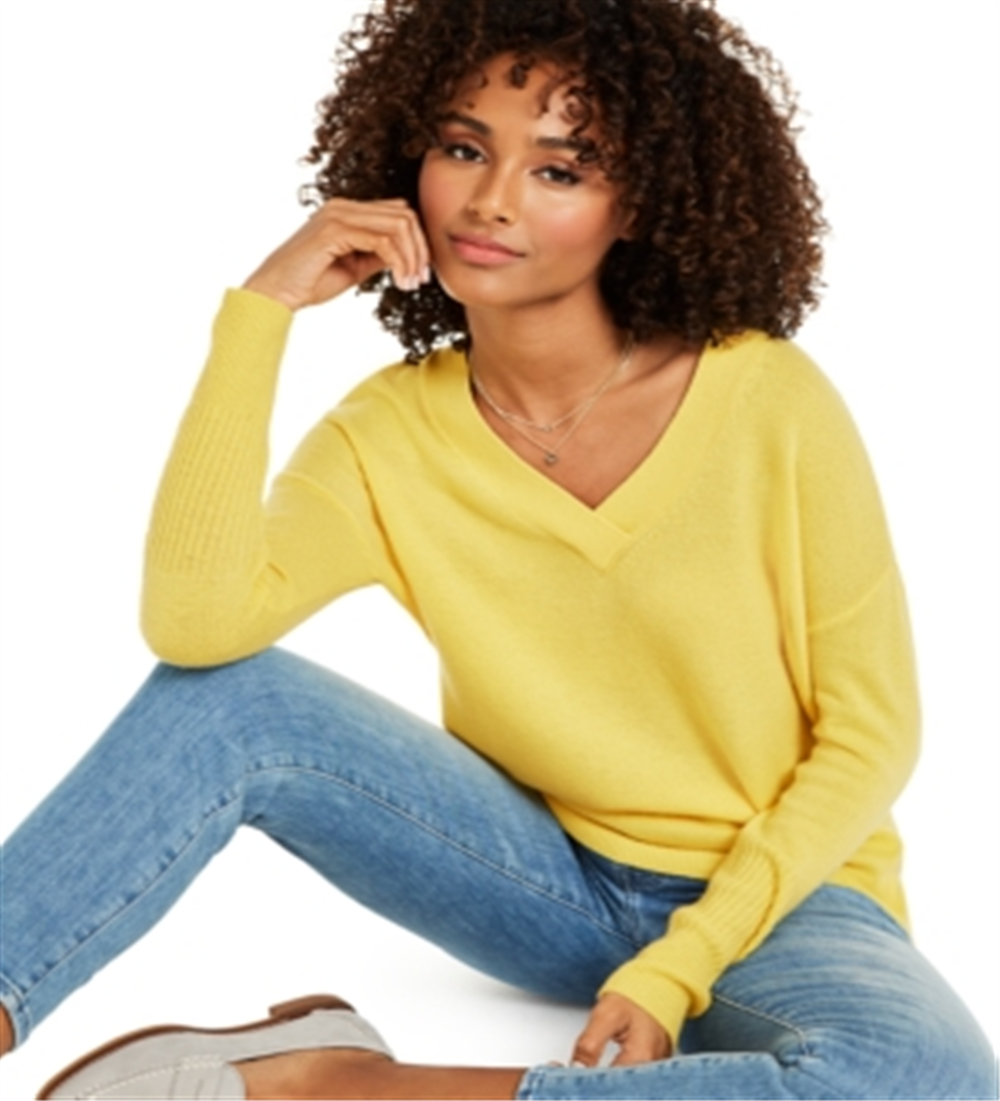 Charter Club Women's Cashmere Oversized V Neck Sweater Yellow Size X-Small