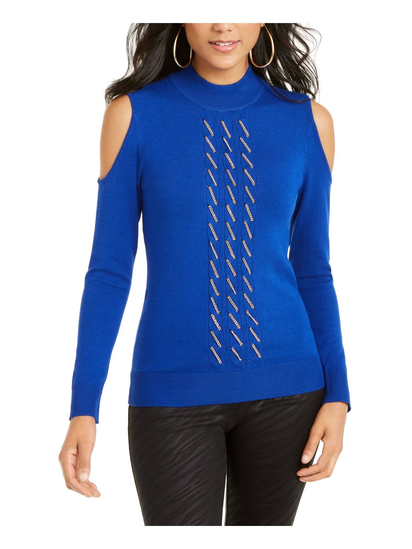 Thalia Sodi Women's Cold Shoulder Chain Embellished Sweater Blue Size S