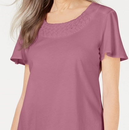 Karen Scott Women's Basketweave Trim Flutter Sleeve Top Pink Size XL