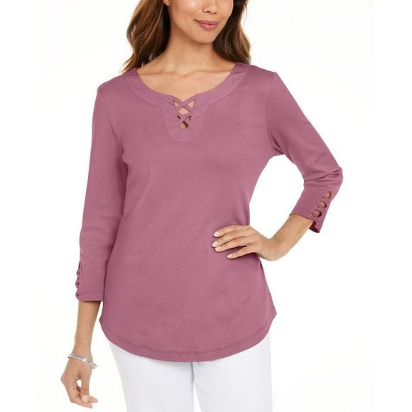 Karen Scott Women's Cotton Lace Up T-Shirt Pink Size XL