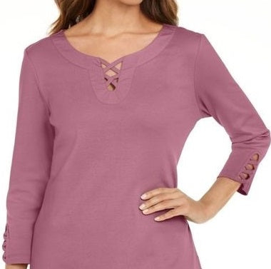 Karen Scott Women's Cotton Lace Up T-Shirt Pink Size XL
