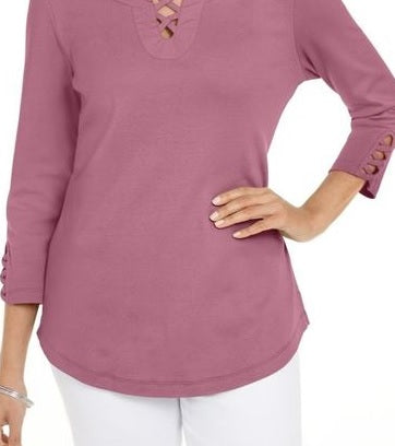 Karen Scott Women's Cotton Lace Up T-Shirt Pink Size XL
