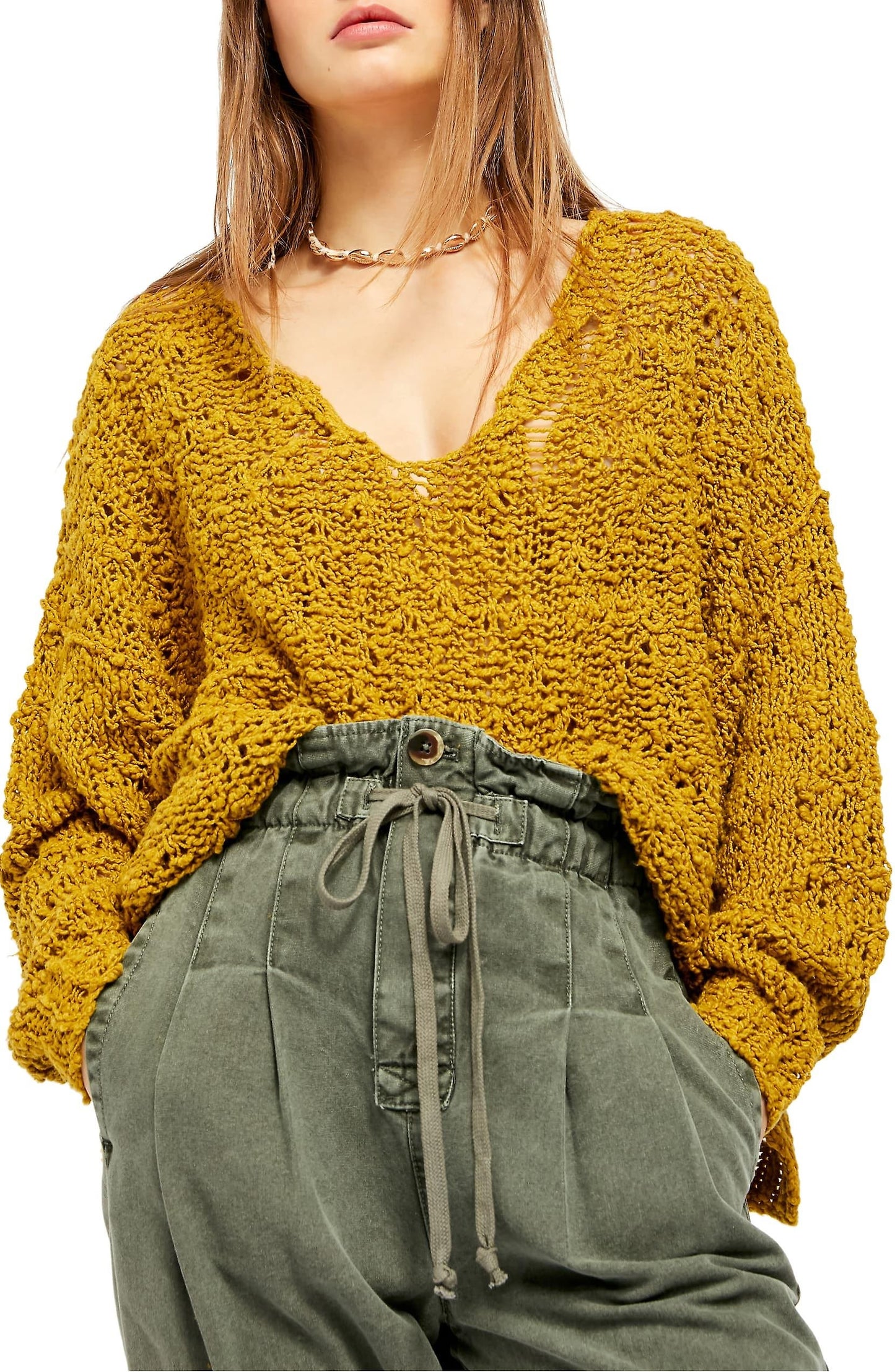 Free People Women's Textu Long Sleeve V Neck Sweater Yellow Size M