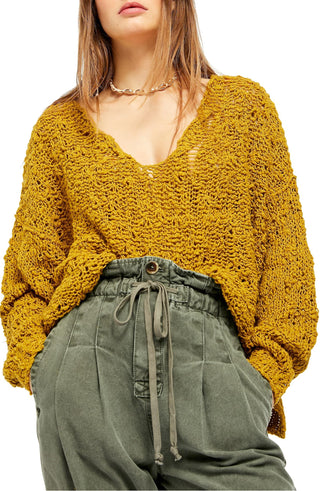 Free People Women's Textu Long Sleeve V Neck Sweater Yellow Size M