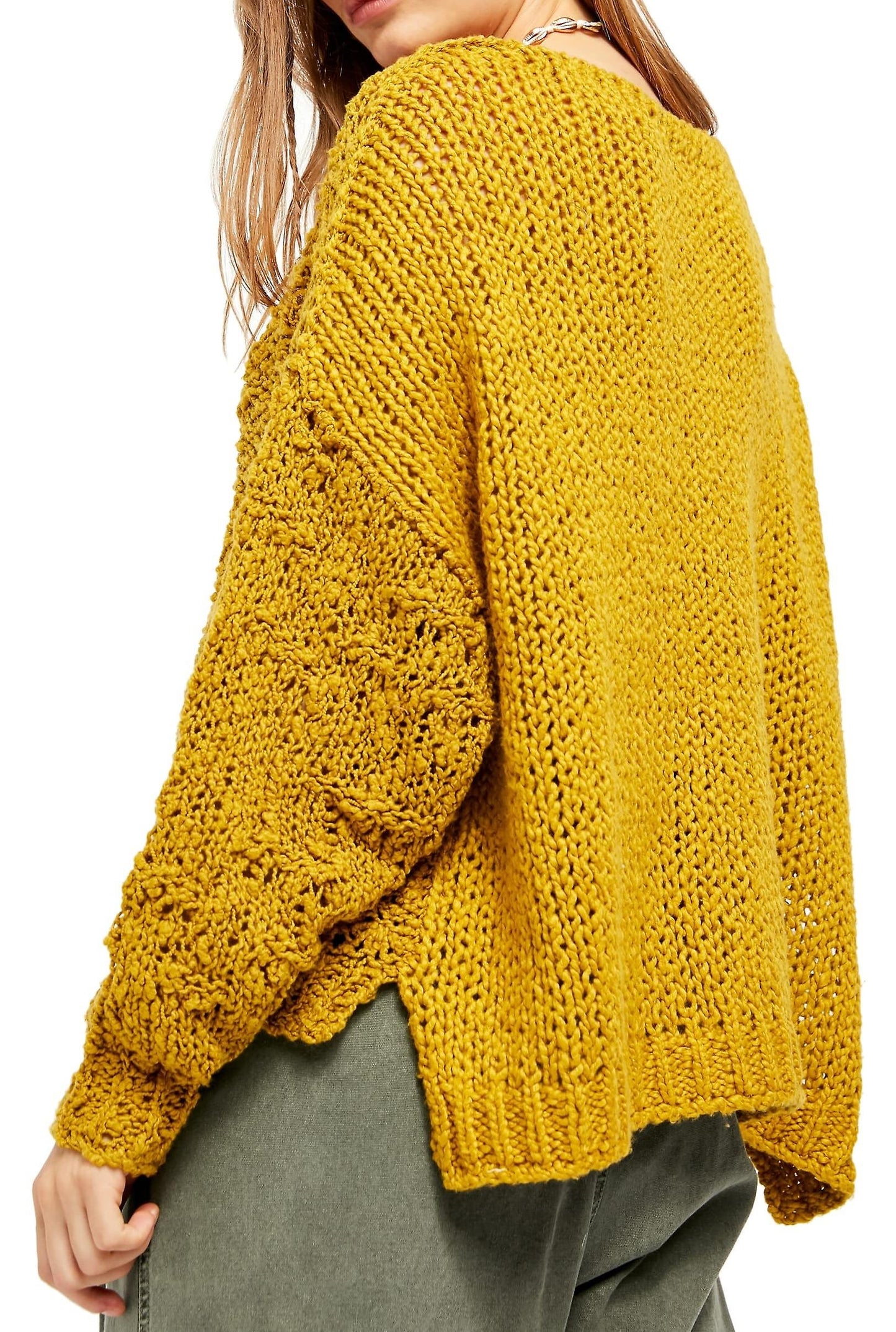 Free People Women's Textu Long Sleeve V Neck Sweater Yellow Size M