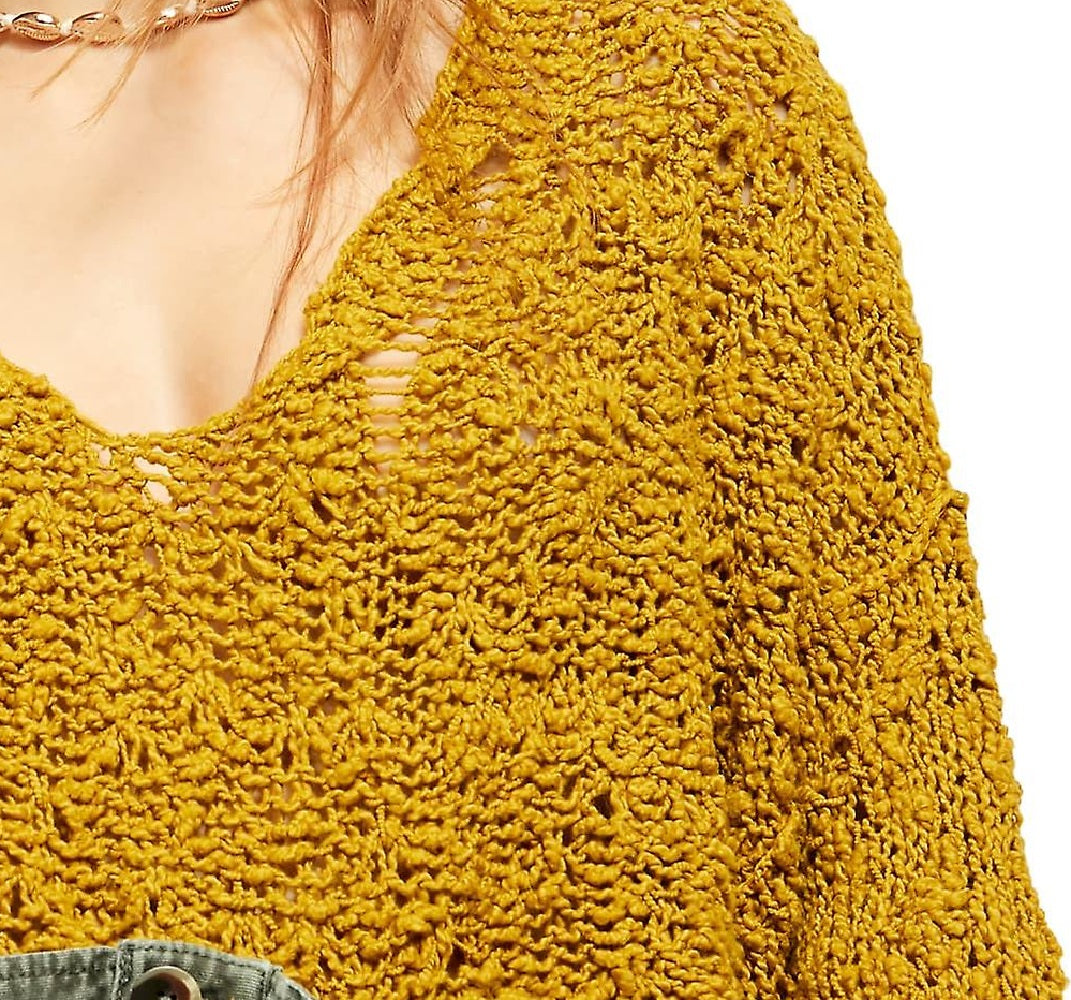 Free People Women's Textu Long Sleeve V Neck Sweater Yellow Size M