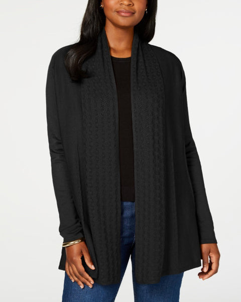 Karen Scott Women's Pointelle Collar Cardigan Black Size Pettite Small