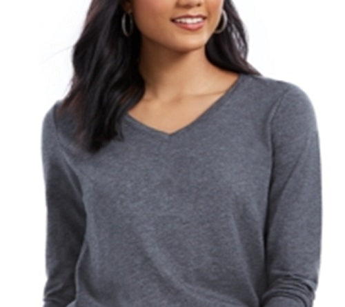 Style & Co Women's V Neck Long Sleeve Shirt Grey Size Large