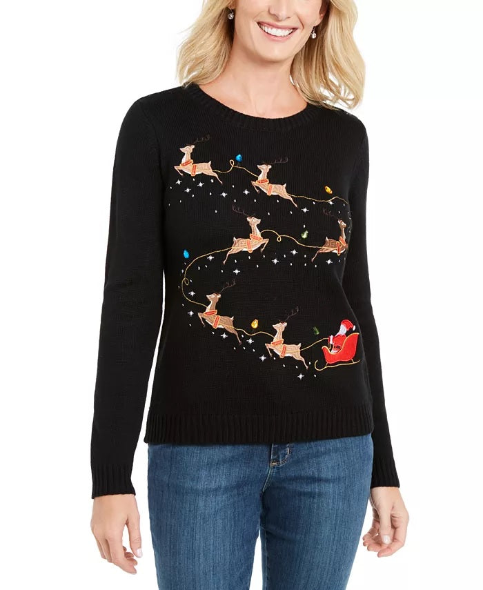 Karen Scott Women's Embroidered Reindeer Sweater Black Size Large