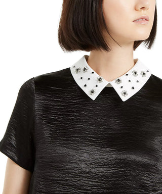 Monteau Women's Rhinestone Collar Top Black Size M