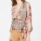 INC International Concepts Women's Petite Printed Peplum Wrap Blouse Gold Size -Petite L