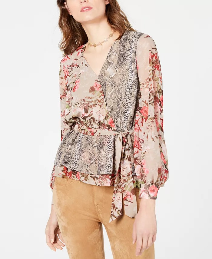 INC International Concepts Women's Petite Printed Peplum Wrap Blouse Gold Size -Petite L