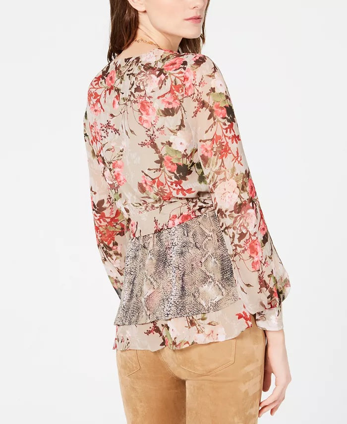 INC International Concepts Women's Petite Printed Peplum Wrap Blouse Gold Size -Petite L