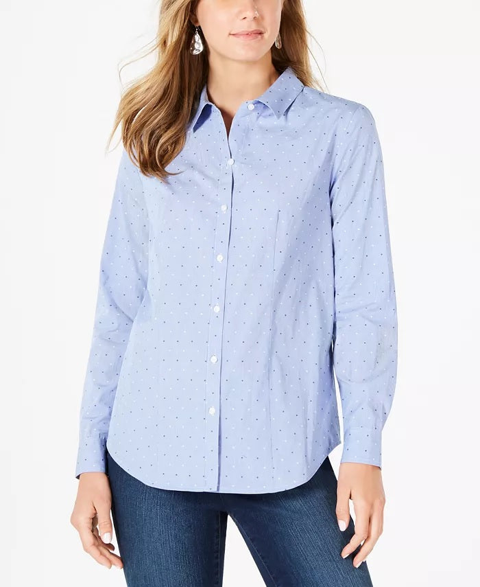 Charter Club Women's Cotton Printed Button-Front Top Blue Size 6