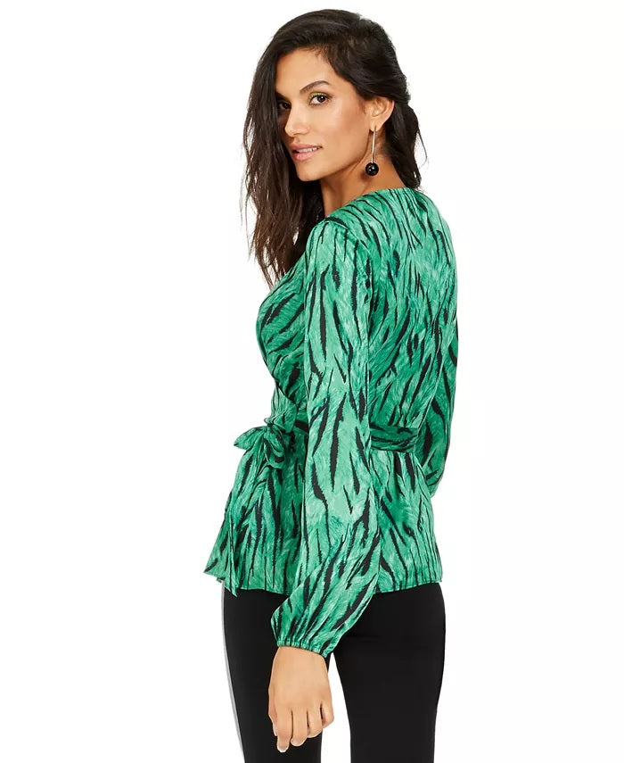 INC International Concepts Women's Petite Zebra-Print Wrap Top Green Size PM
