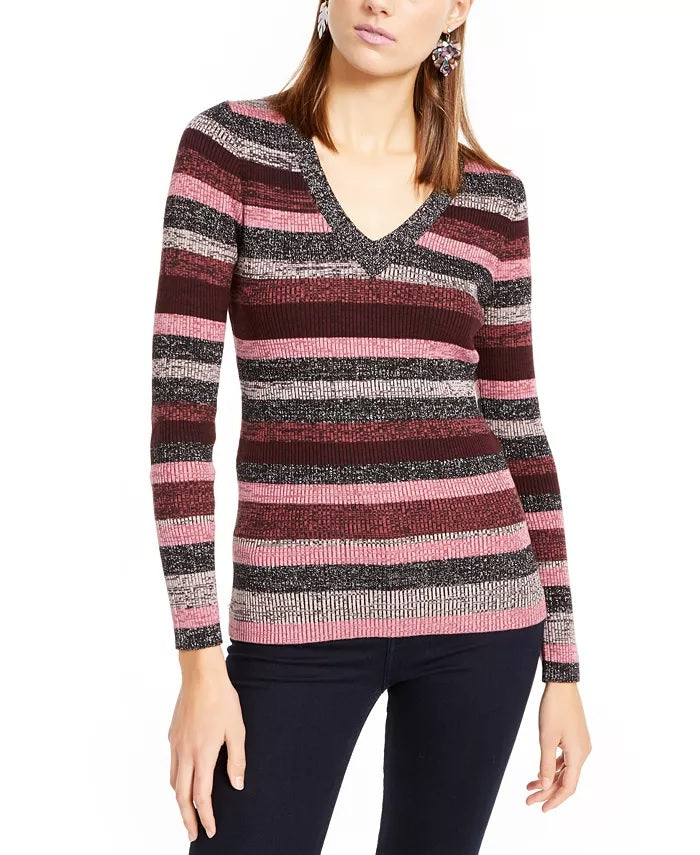 INC International Concepts Women's Petite Striped Metallic Sweater Pink Size PL