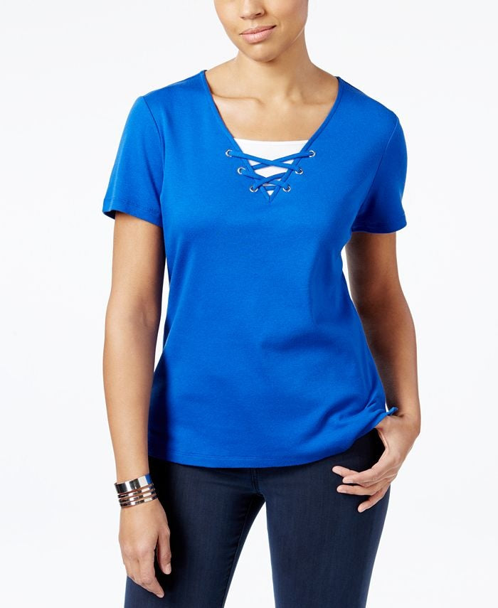Karen Scott Women's Lace Up Layered Look Top Blue Size S