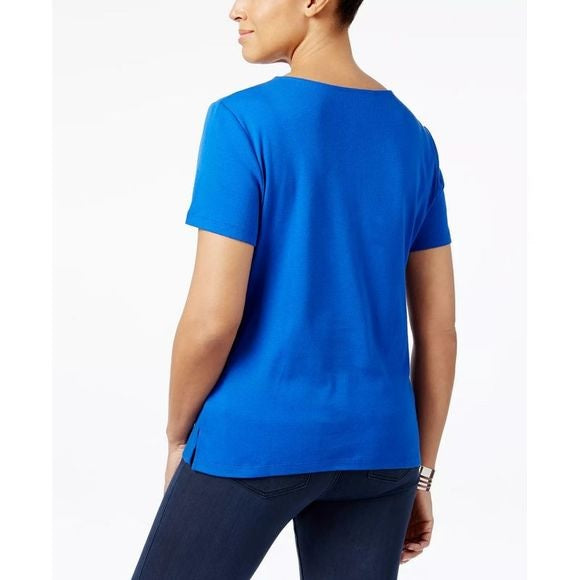 Karen Scott Women's Lace Up Layered Look Top Blue Size S